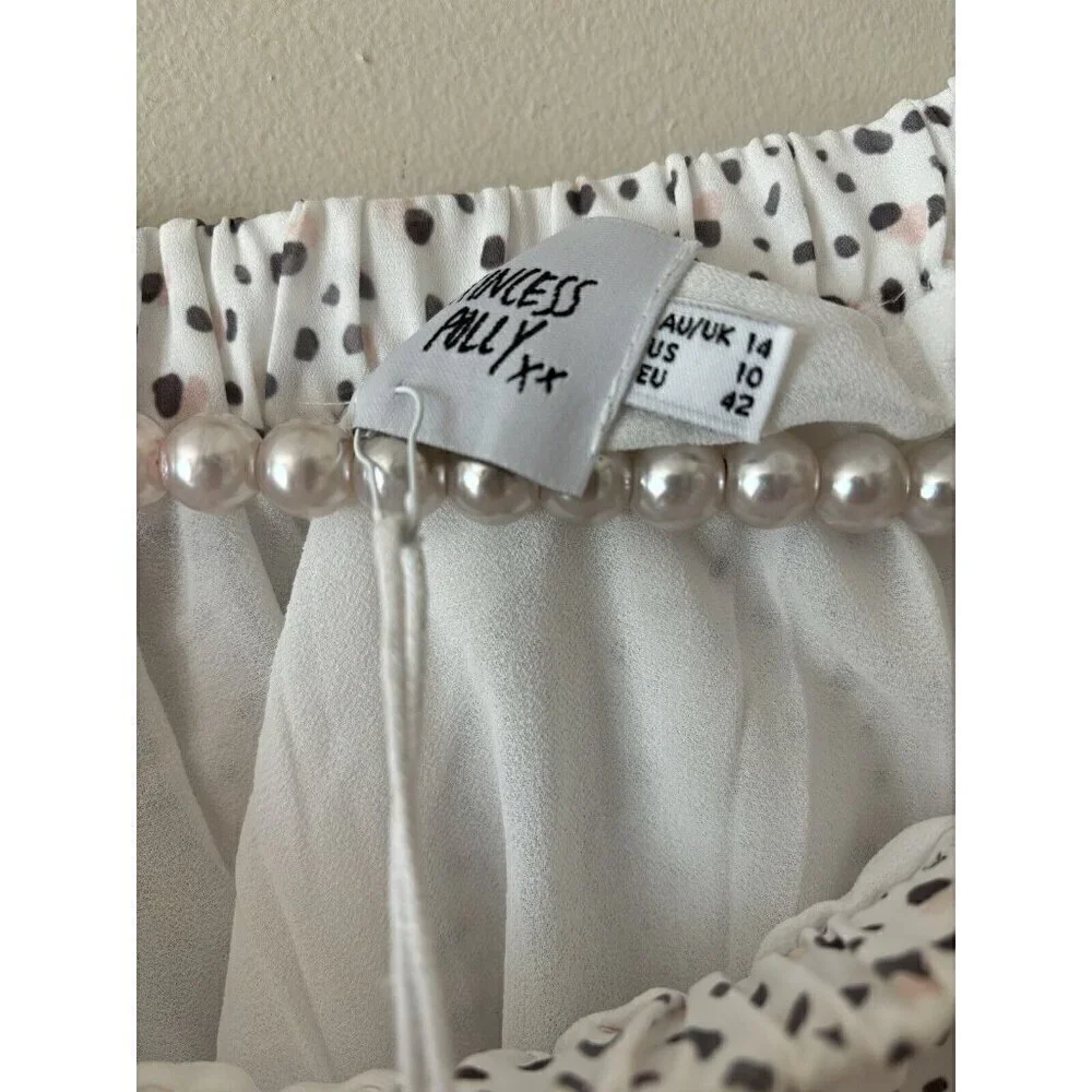 NWT Princess Polly Size 10 Rasmus Mini Skirt White Dotted Tiered Linen Blend